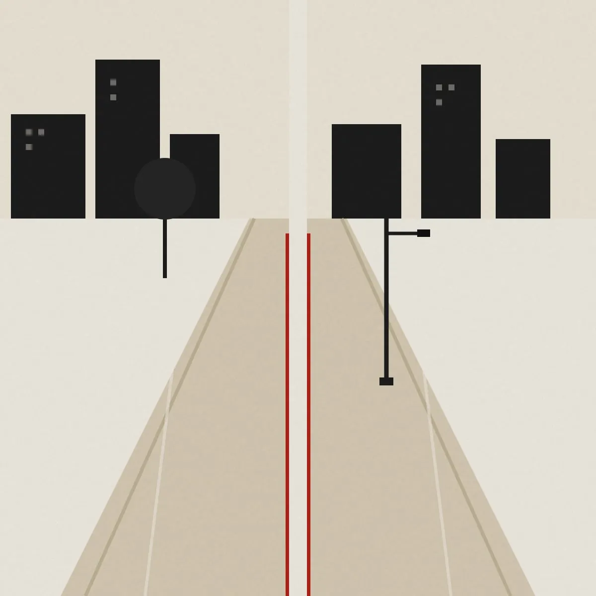 A street with a red center line, split down the middle.